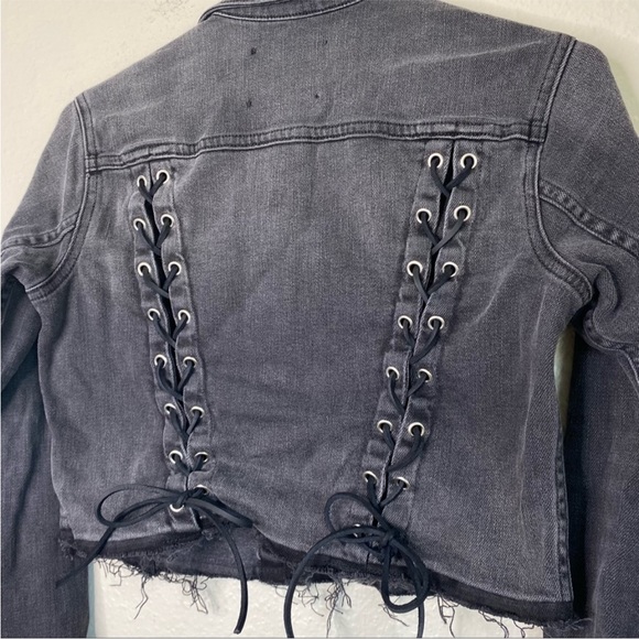 L'Agence XS Grey Jean Jacket Lace Up Crop Denim Blazer Distressed Black Wash - Picture 15 of 16